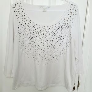 ​Peter Nygard Womans Size 1X White Embellished Scoop Neck 3/4 Sleeve Top